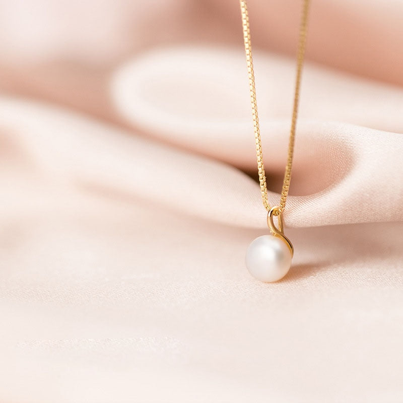 6MM Fresh Water Pearl Pendant Necklace with 18K Gold Plated 925 Sterling Silver